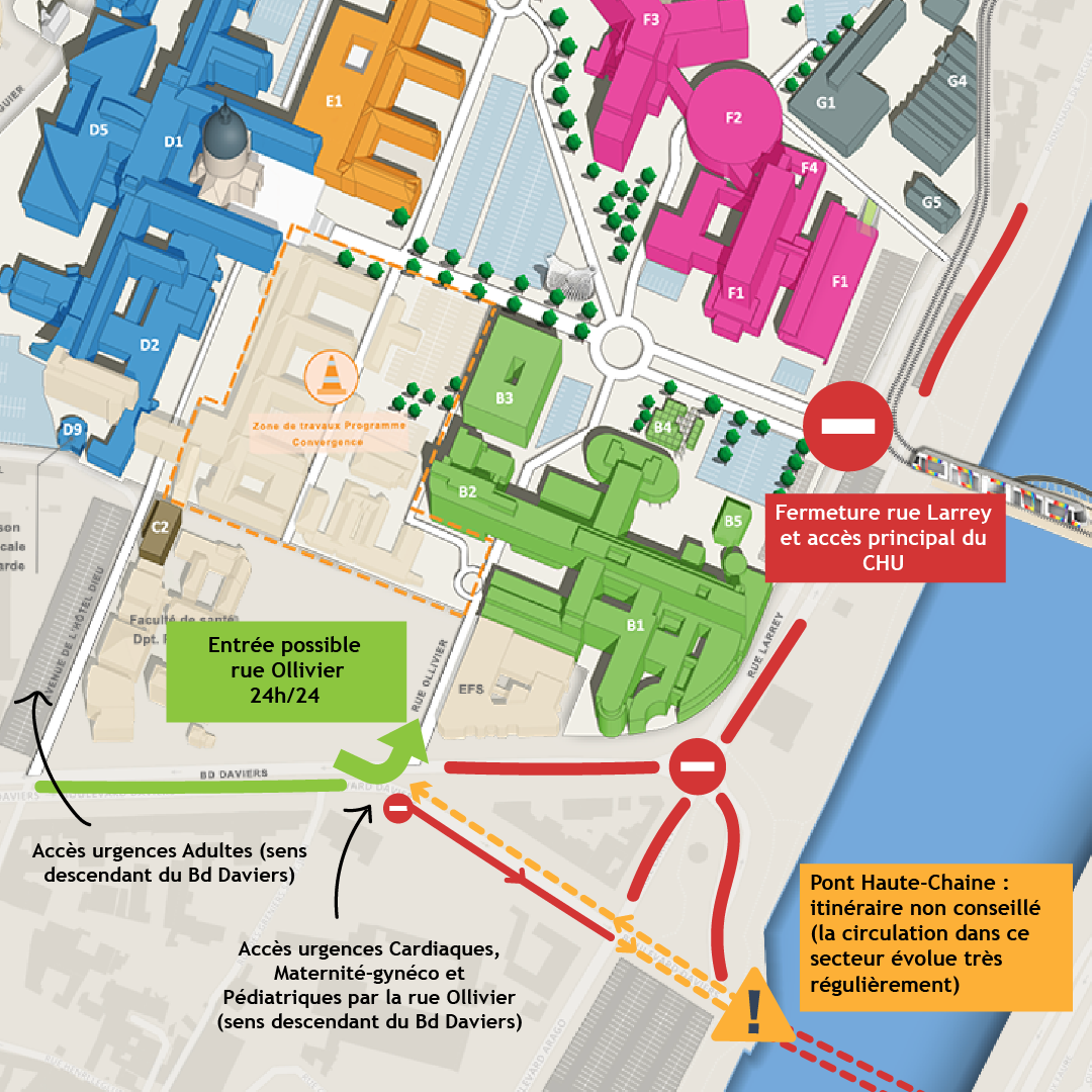 Plan CHU crue entrées CHU_circulation pont_2002